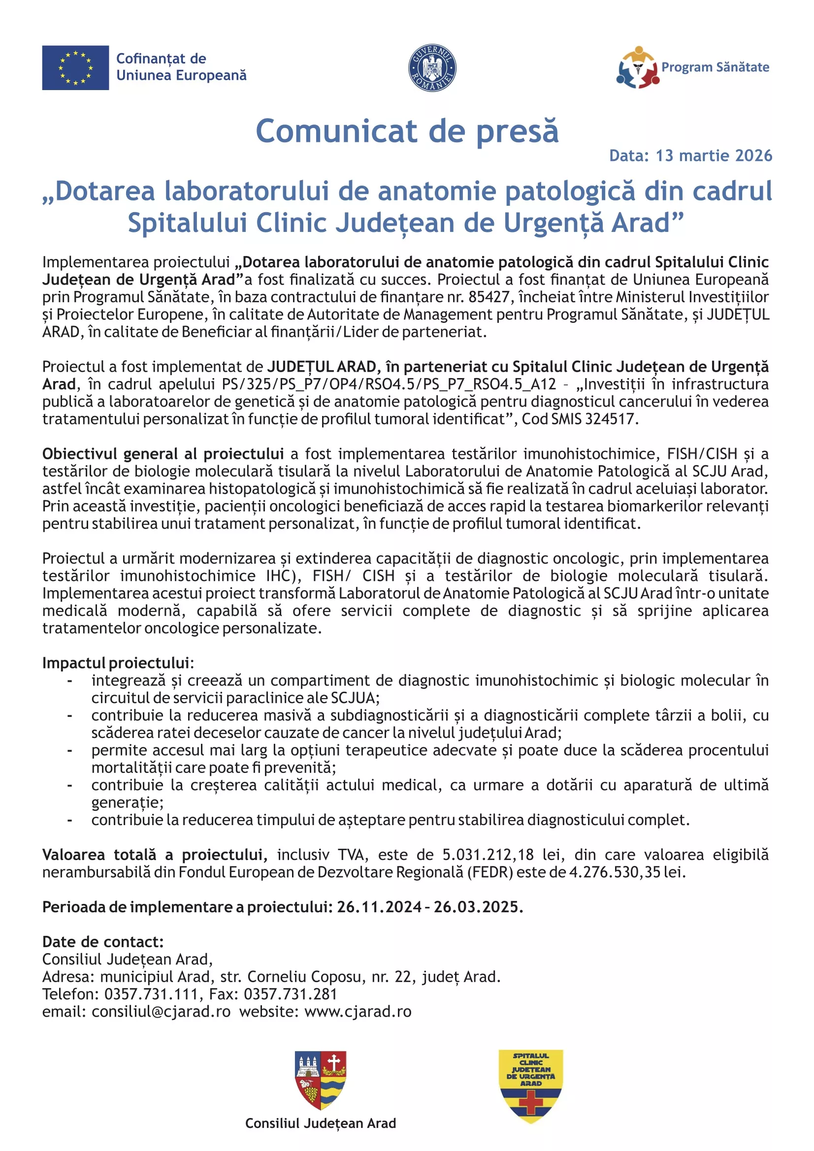 „Dotarea laboratorului de anatomie patologică din cadrul Spitalului Clinic Județean de Urgență Arad”