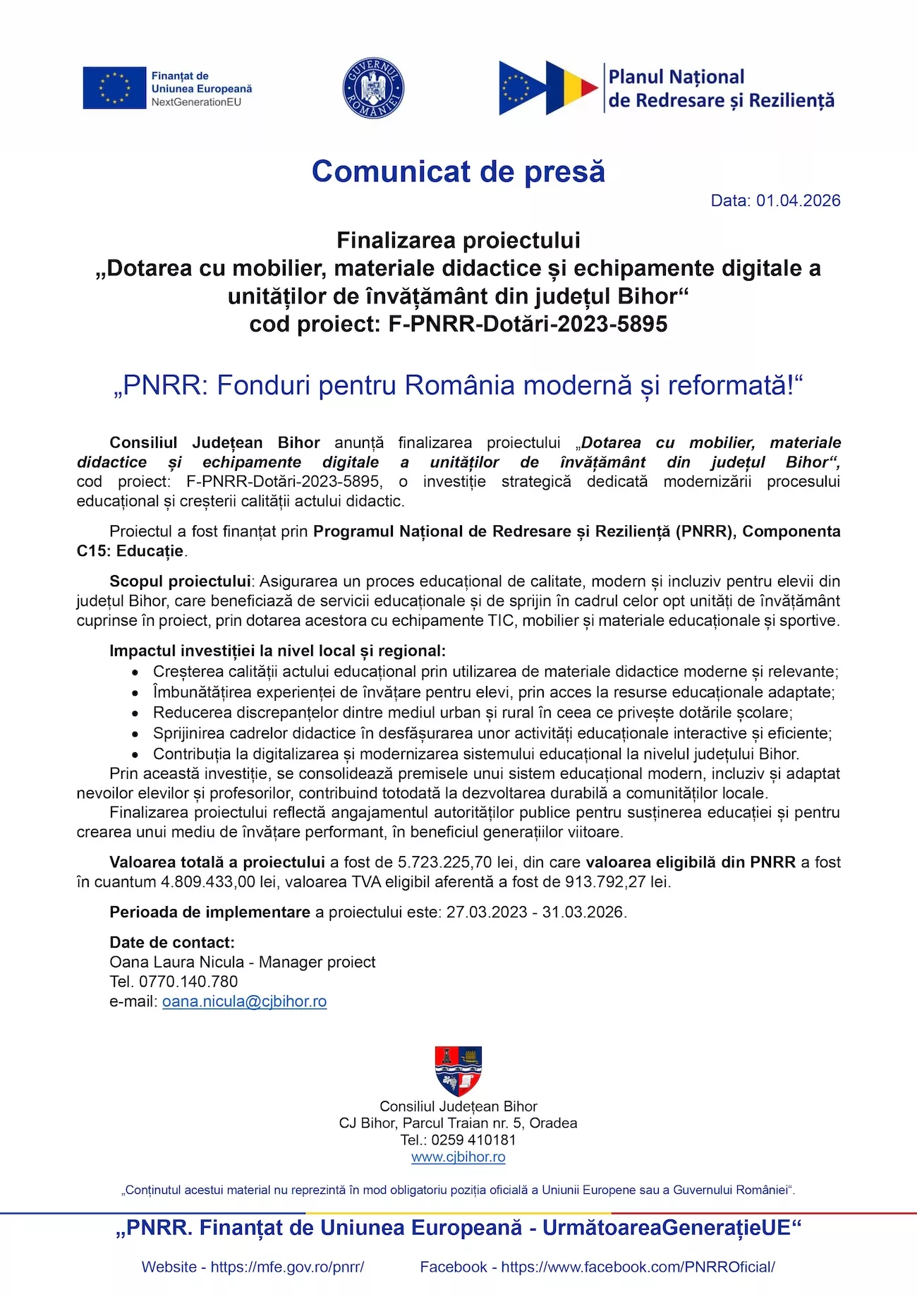 Finalizarea proiectului „Dotarea cu mobilier, materiale didactice și echipamente digitale a unităților de învățământ din județul Bihor” cod proiect: F-PNRR-Dotări-2023-5895