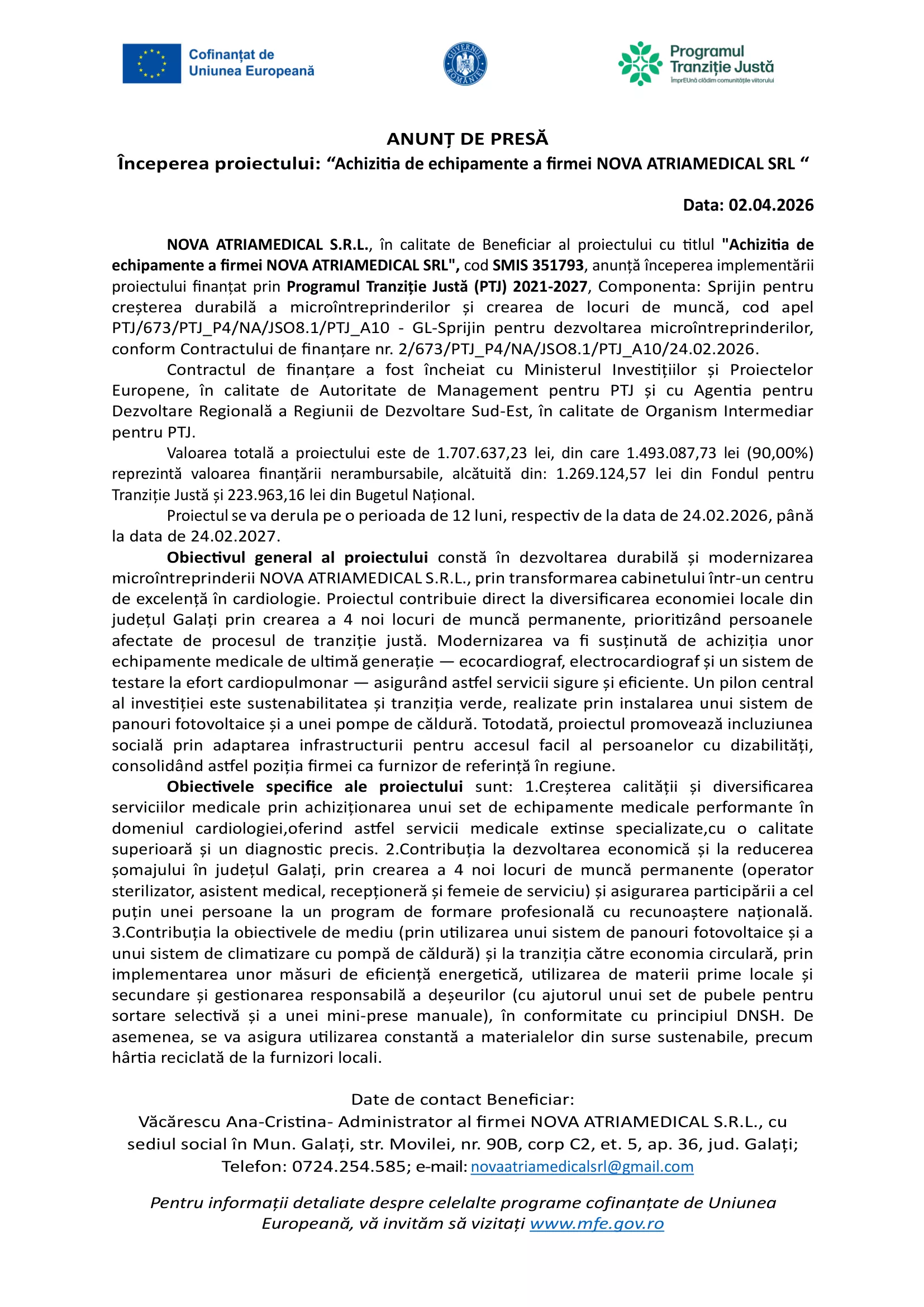 Începerea proiectului: „Achizitia de echipamente a firmei NOVA ATRIAMEDICAL SRL”