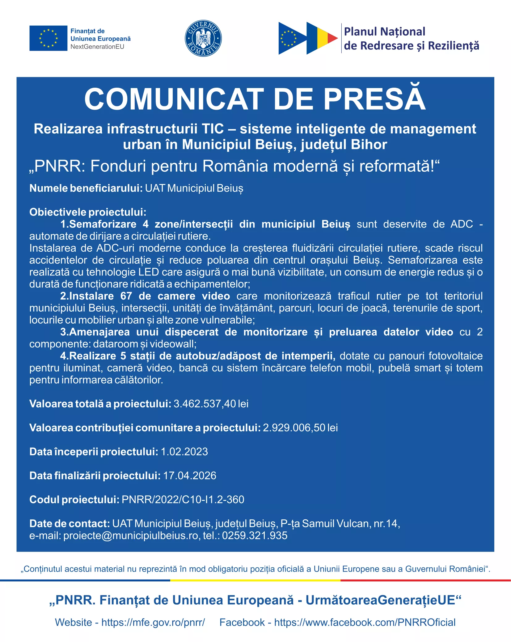 Realizarea infrastructurii TIC – sisteme inteligente de management urban în Municipiul Beiuş, județul Bihor