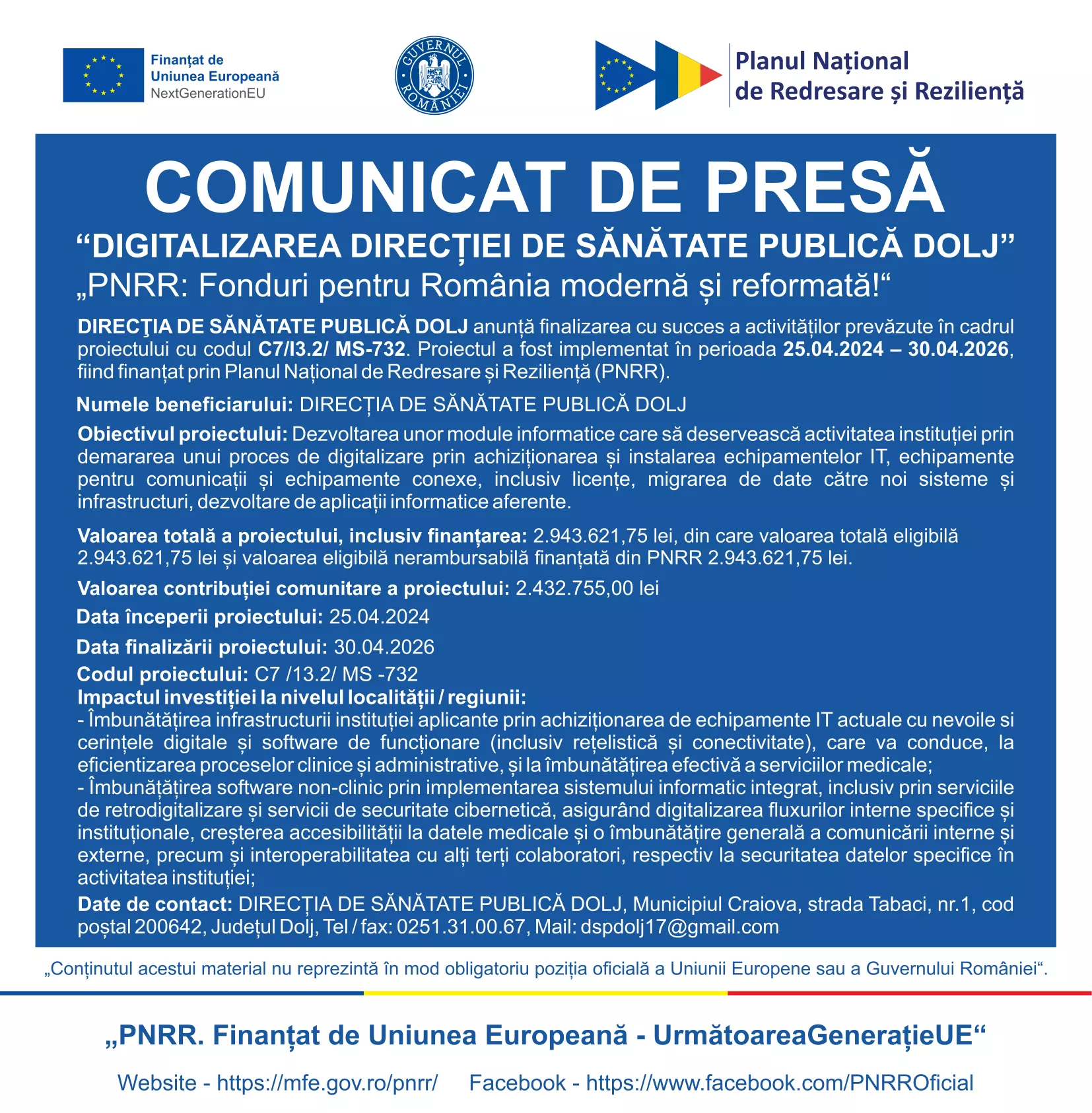 „DIGITALIZAREA DIRECȚIEI DE SĂNĂTATE PUBLICĂ DOLJ”