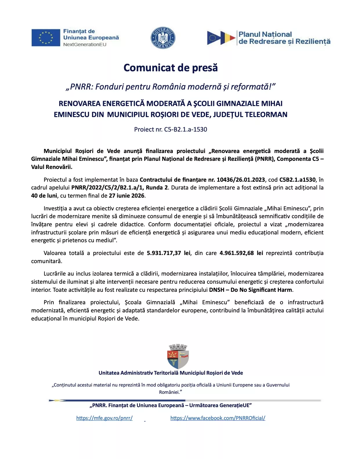 RENOVAREA ENERGETICĂ MODERATĂ A ȘCOLII GIMNAZIALE MIHAI EMINESCU DIN MUNICIPIUL ROȘIORI DE VEDE, JUDEȚUL TELEORMAN