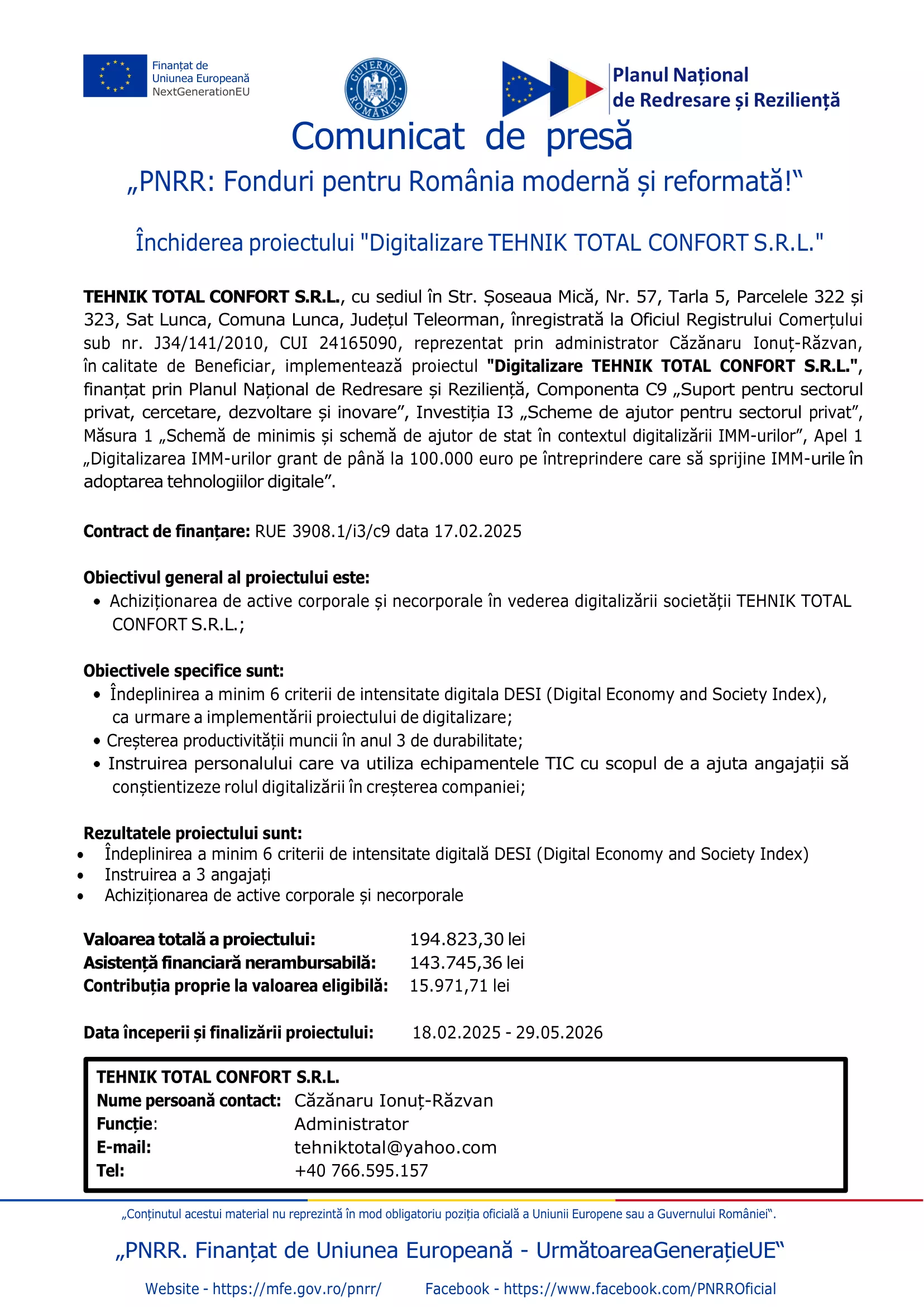 Închiderea proiectului „Digitalizare TEHNIK TOTAL CONFORT S.R.L.”