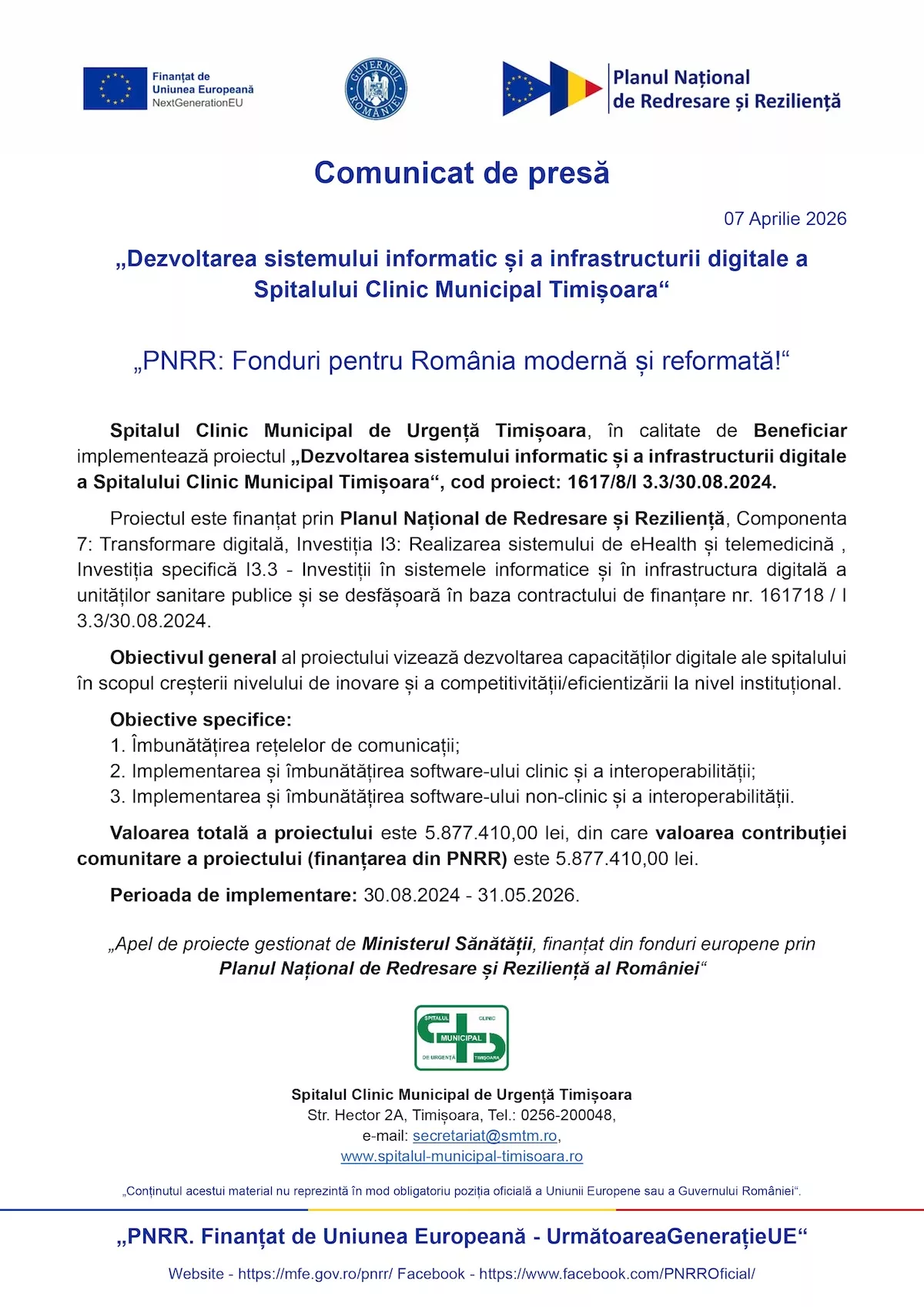 „Dezvoltarea sistemului informatic și a infrastructurii digitale a Spitalului Clinic Municipal Timișoara”