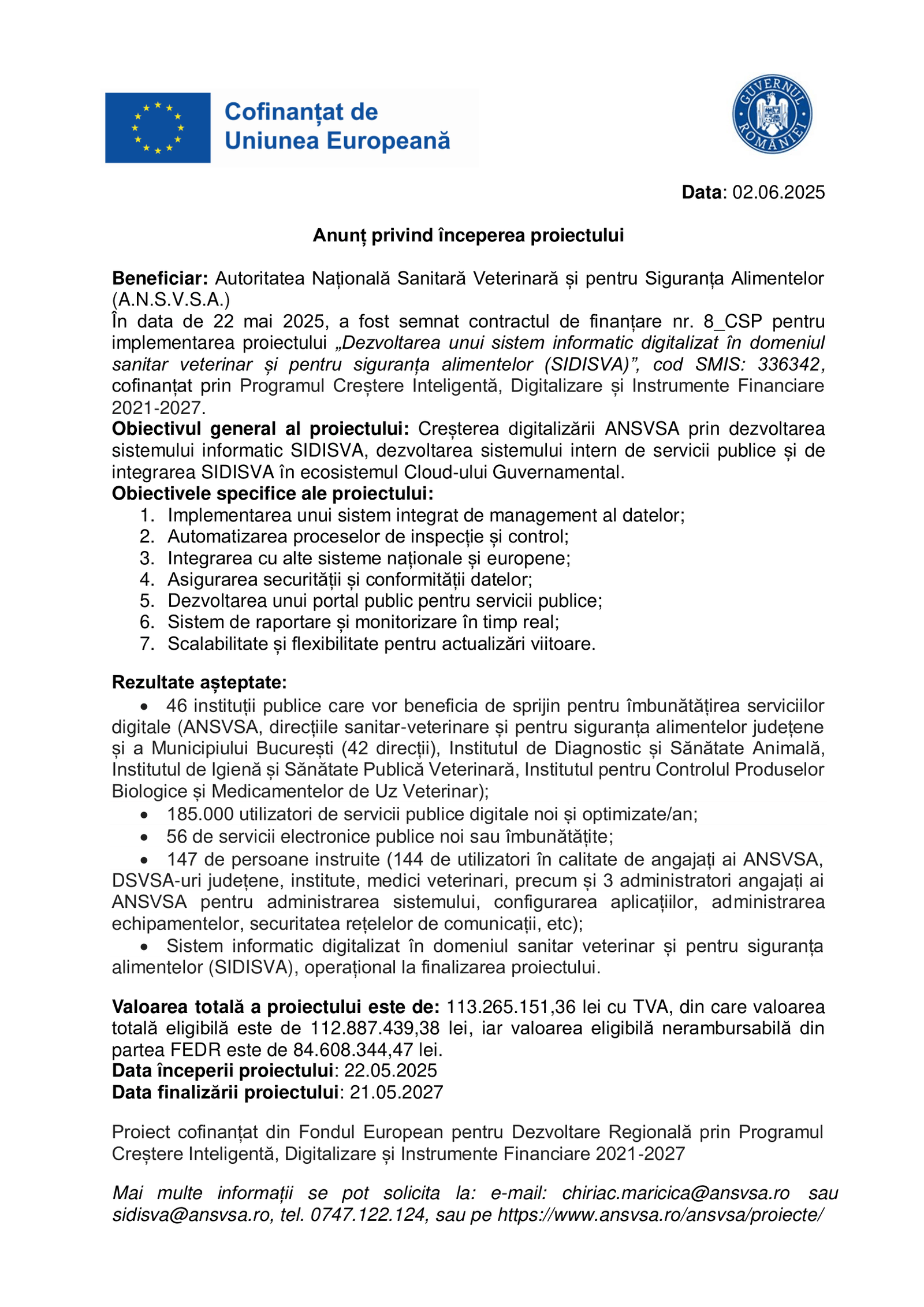 Anunț privind începerea proiectului