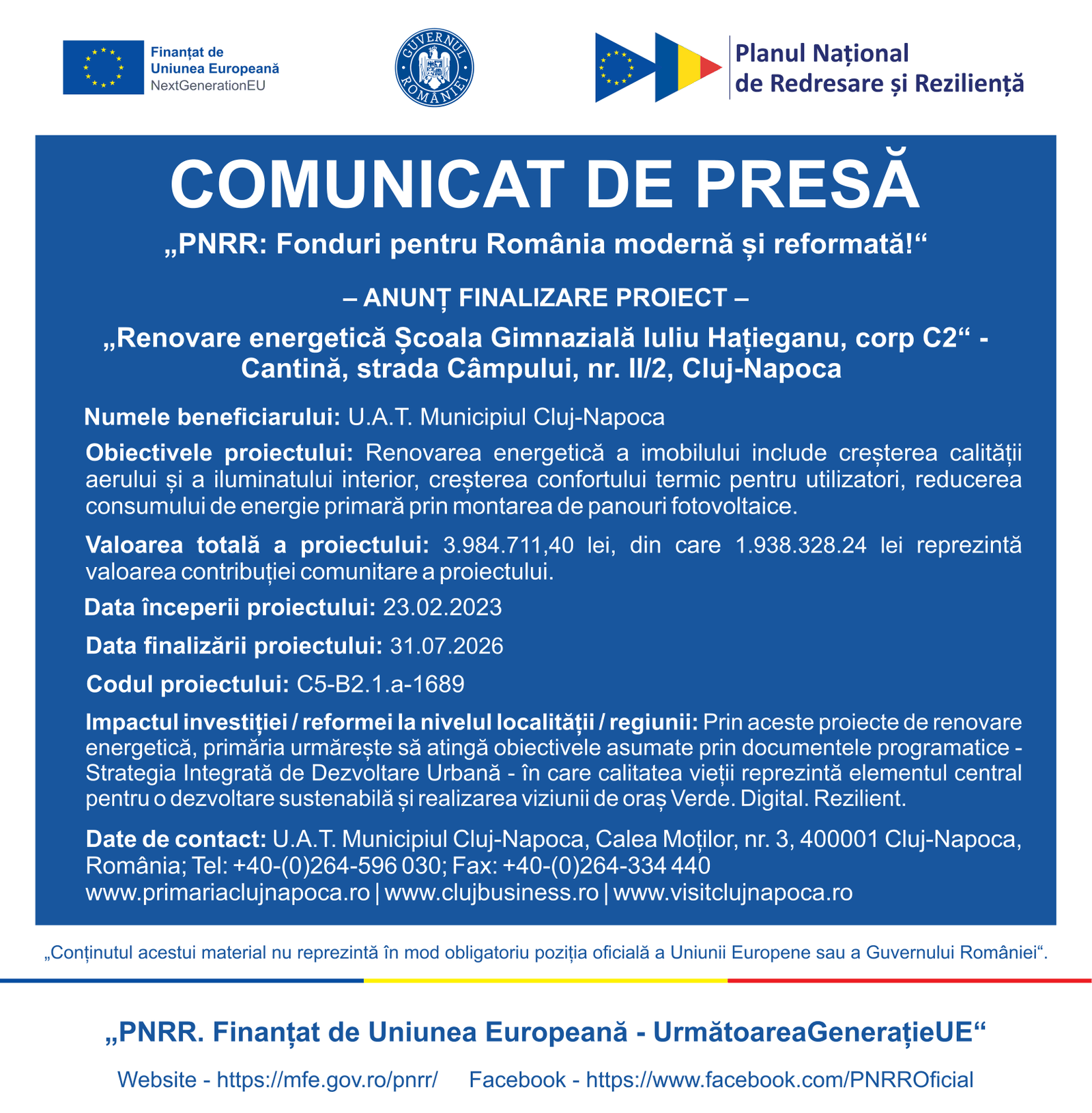 „Renovare energetică Școala Gimnazială luliu Hațieganu, corp C2” – Cantină, strada Câmpului, nr. II/2, Cluj-Napoca