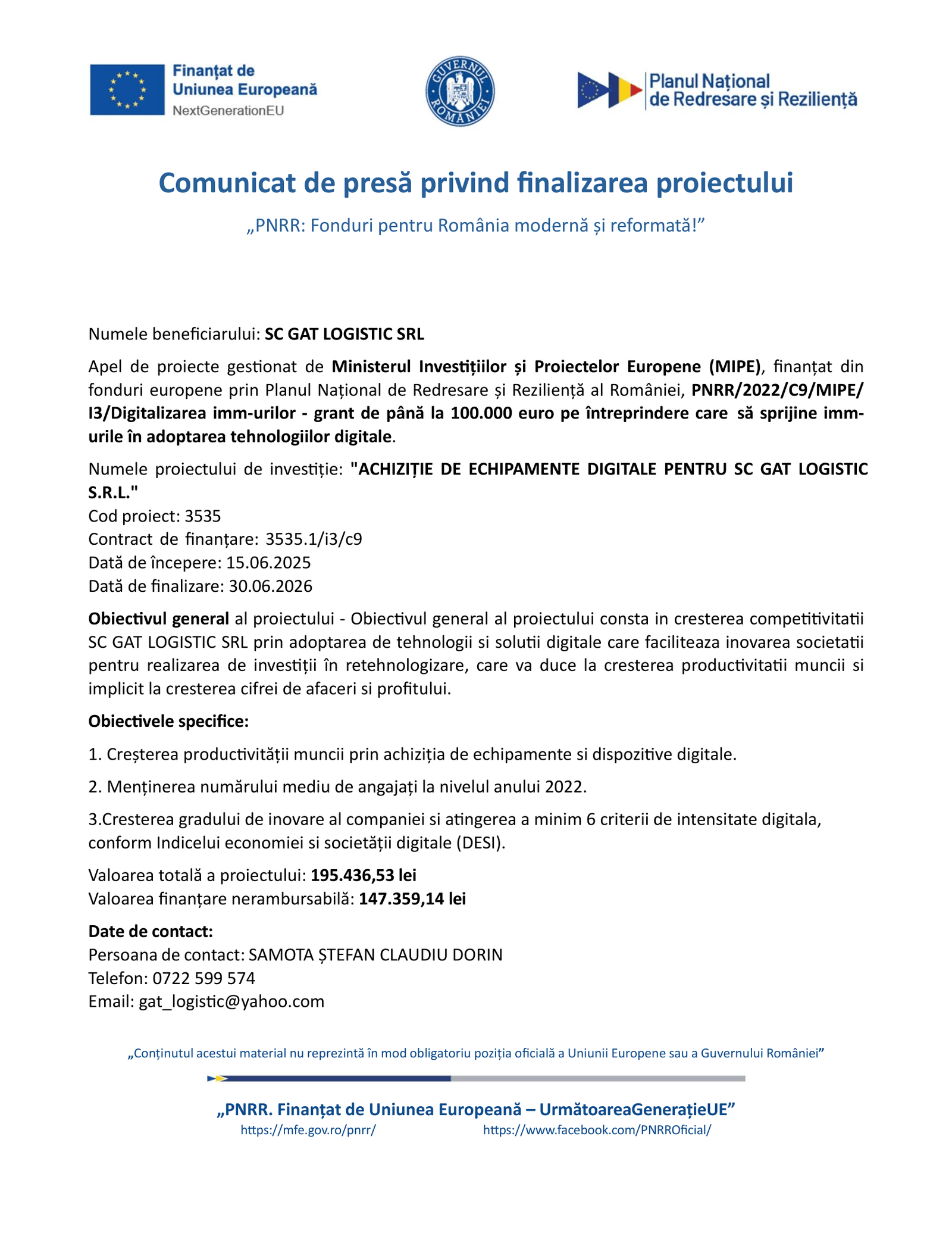 Comunicat de presă privind finalizarea proiectului