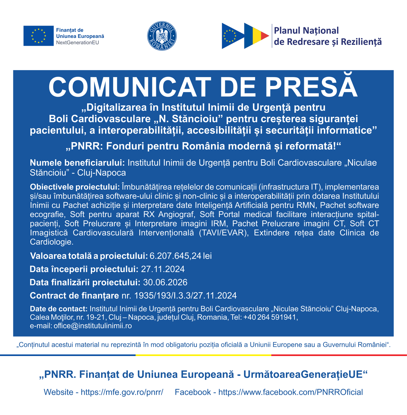 „Digitalizarea în Institutul Inimii de Urgență pentru Boli Cardiovasculare „N. Stăncioiu” pentru creșterea siguranței pacientului, a interoperabilității, accesibilității și securității informatice”
