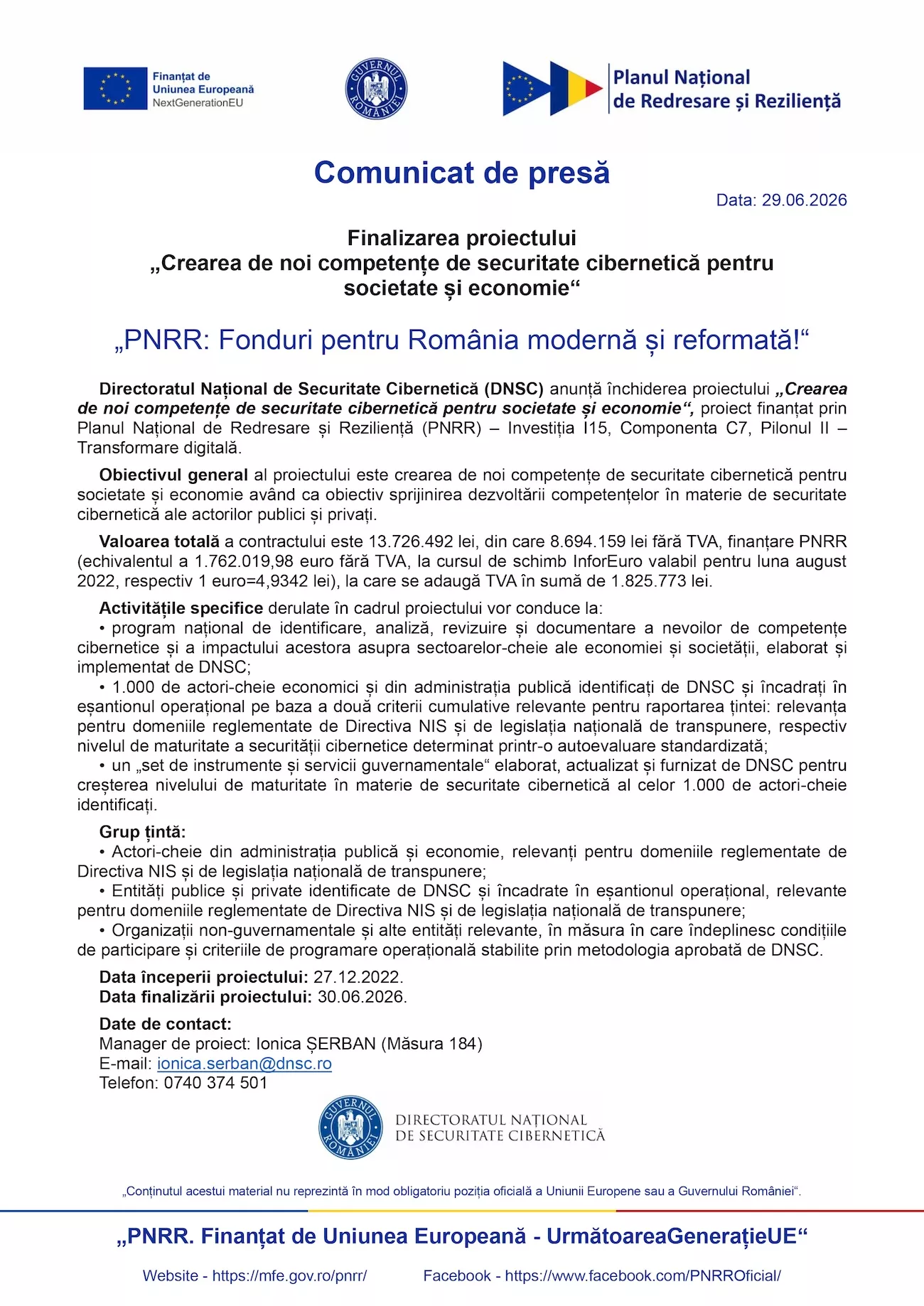 Finalizarea proiectului „Crearea de noi competențe de securitate cibernetica pentru societate și economie”