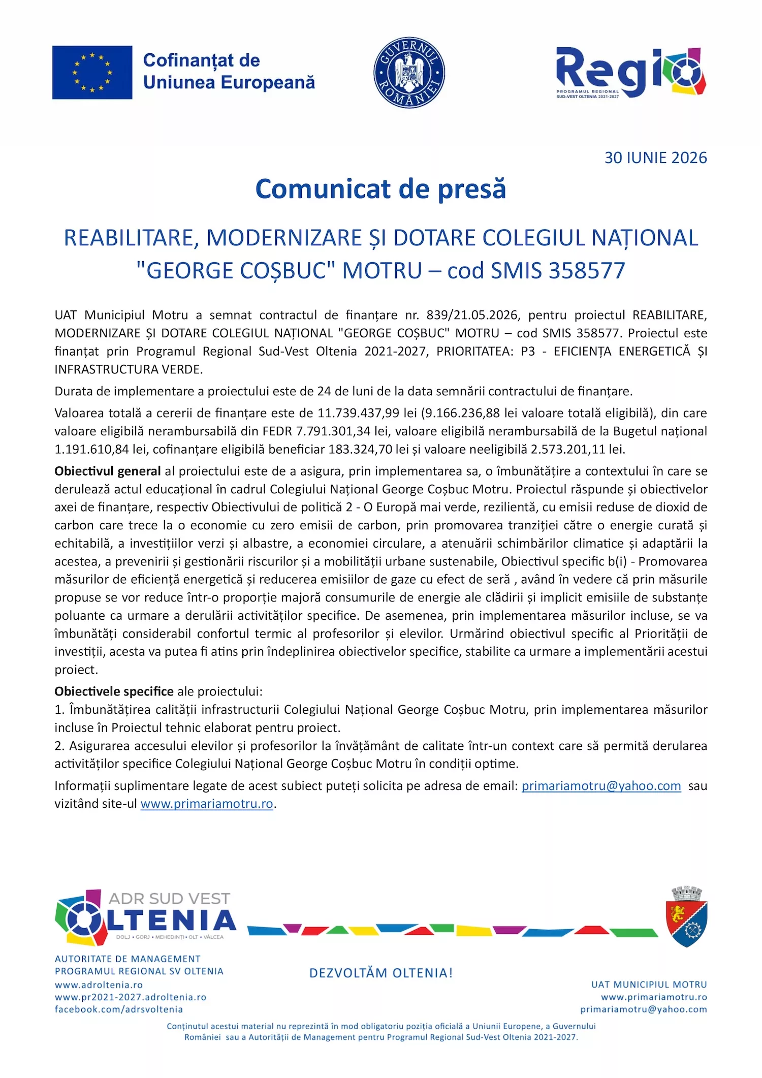 Comunicat de presă REABILITARE, MODERNIZARE ȘI DOTARE COLEGIUL NAȚIONAL ”GEORGE COȘBUC” MOTRU – cod SMIS 358577