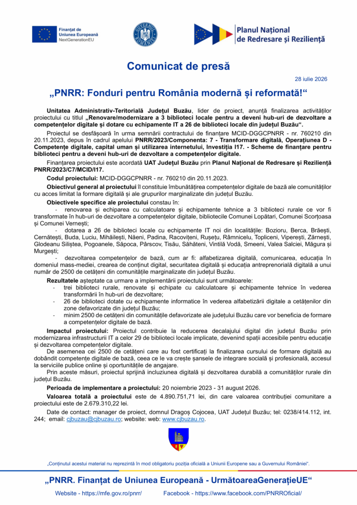 CJ Buzau - „Renovarea modernizarea 3 biblioteci. “ - comunicat finalizare proiect-1