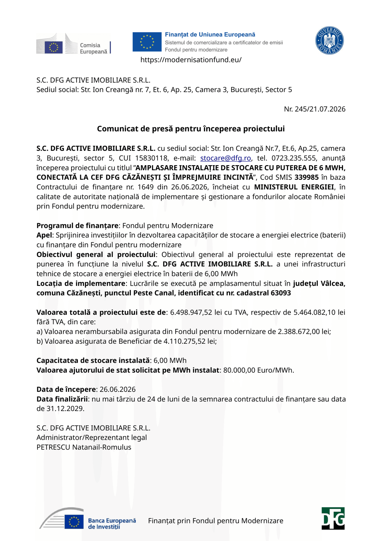 Comunicat de presă DFGAI pt începerea proiectului Căzănești-1