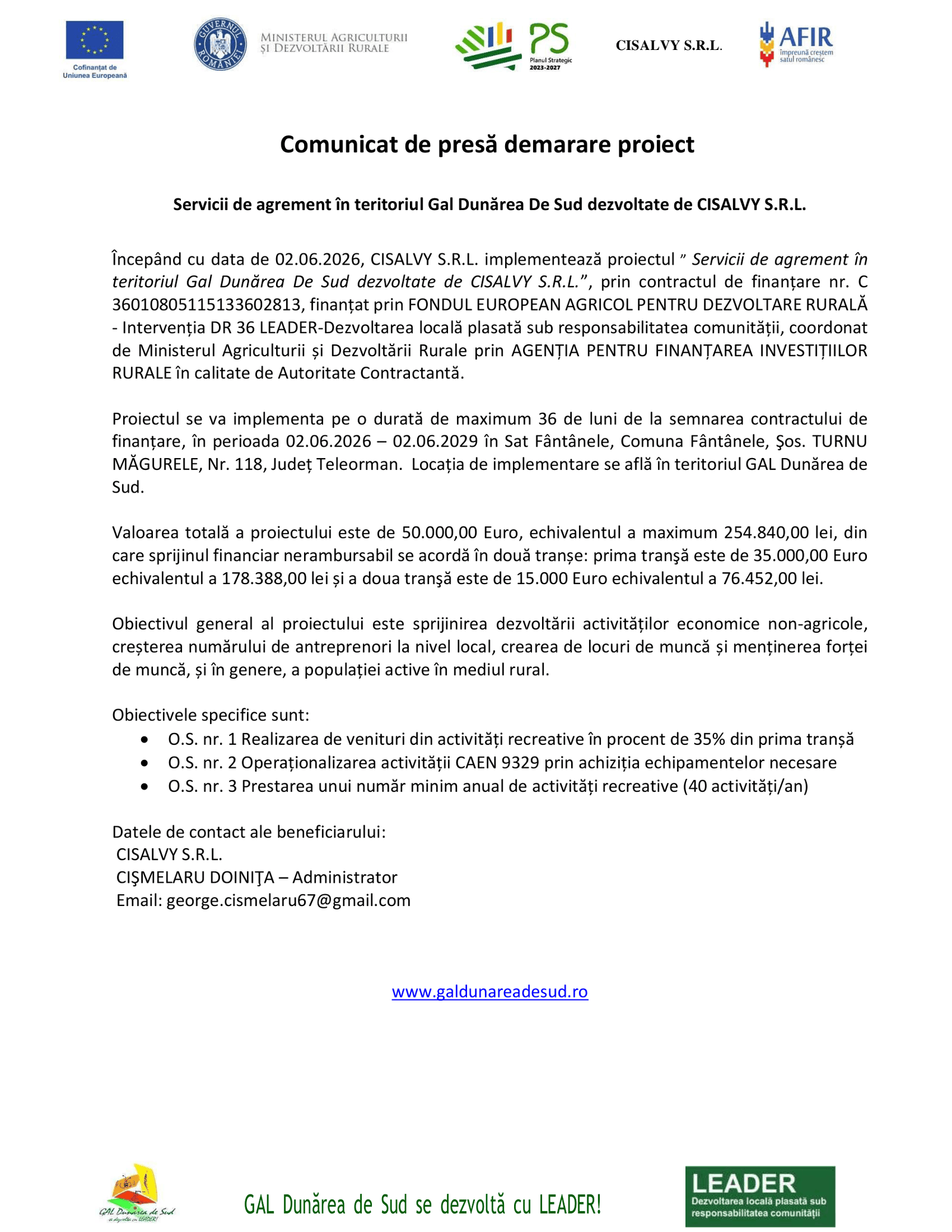 Comunicat de presă demarare proiect „Servicii de agrement în teritoriul Gal Dunărea De Sud dezvoltate de CISALVY S.R.L.”