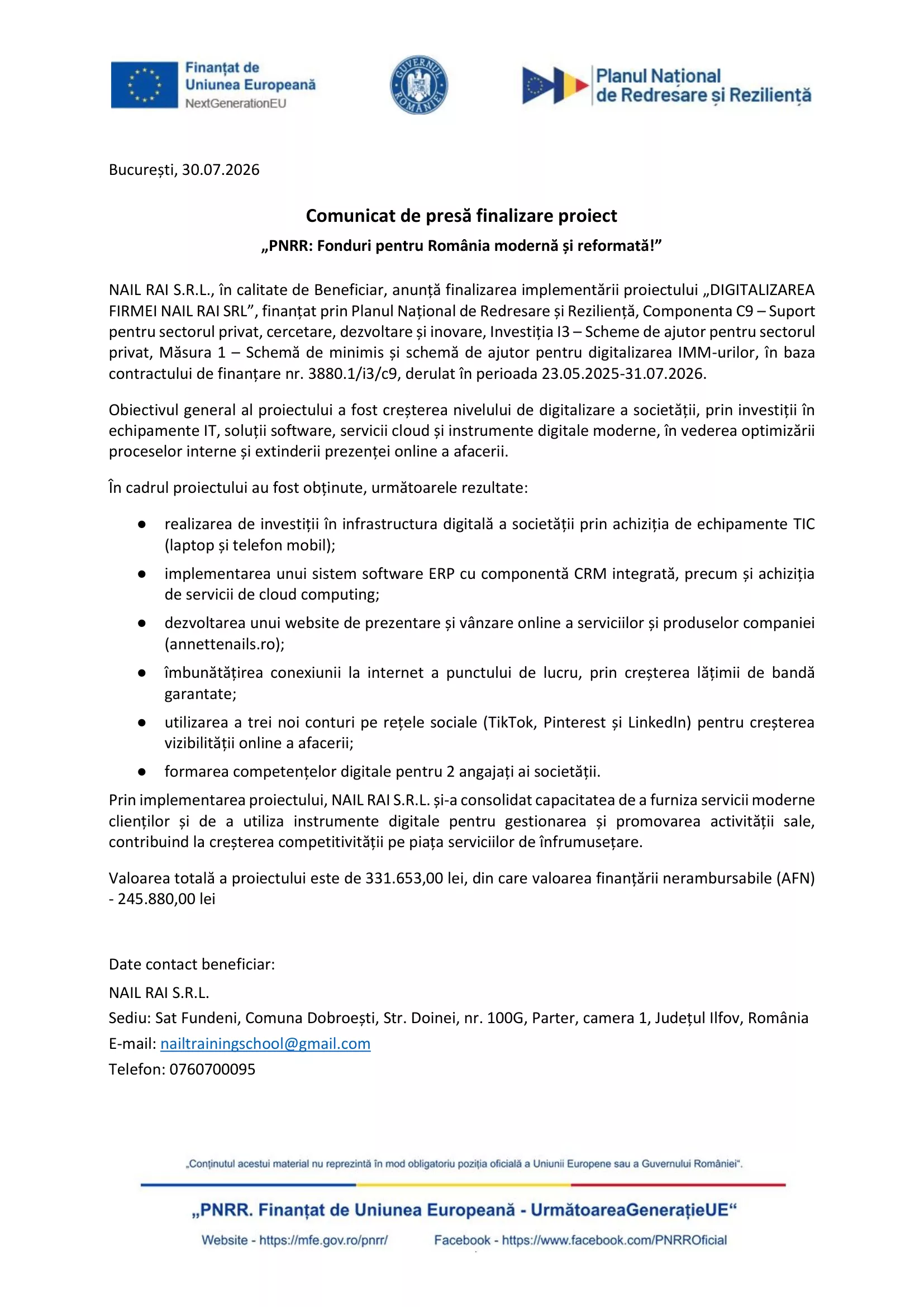 Comunicat de presă finalizare proiect
