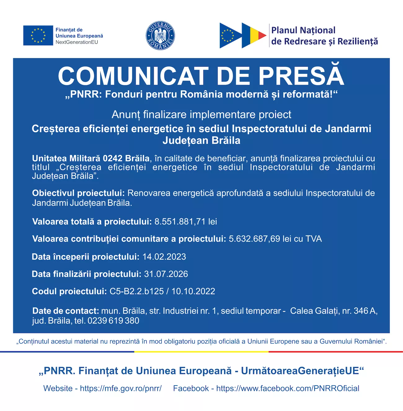Anunt finalizare implementare proiect „Creșterea eficienței energetice în sediul Inspectoratului de Jandarmi Județean Brăila”