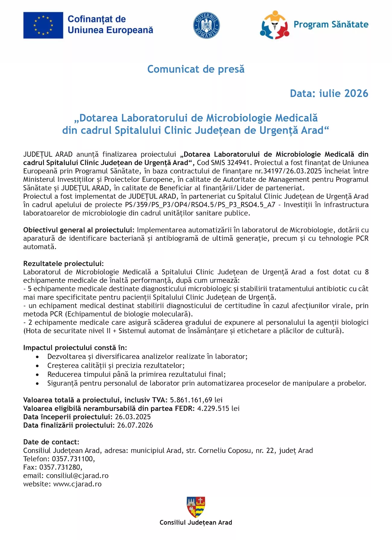 „Dotarea Laboratorului de Microbiologie Medicală din cadrul Spitalului Clinic Județean de Urgență Arad”
