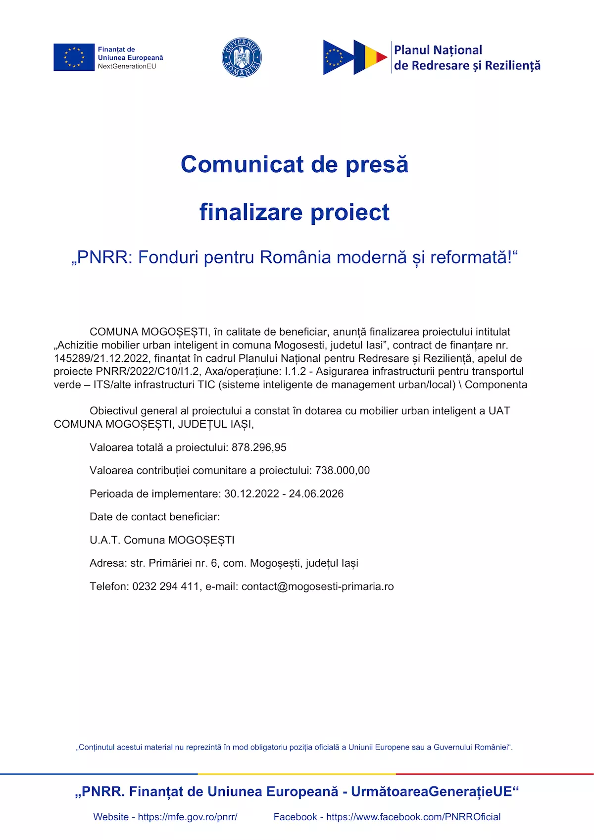 Comunicat de presă finalizare proiect „PNRR: Fonduri pentru România modernă și reformată!”