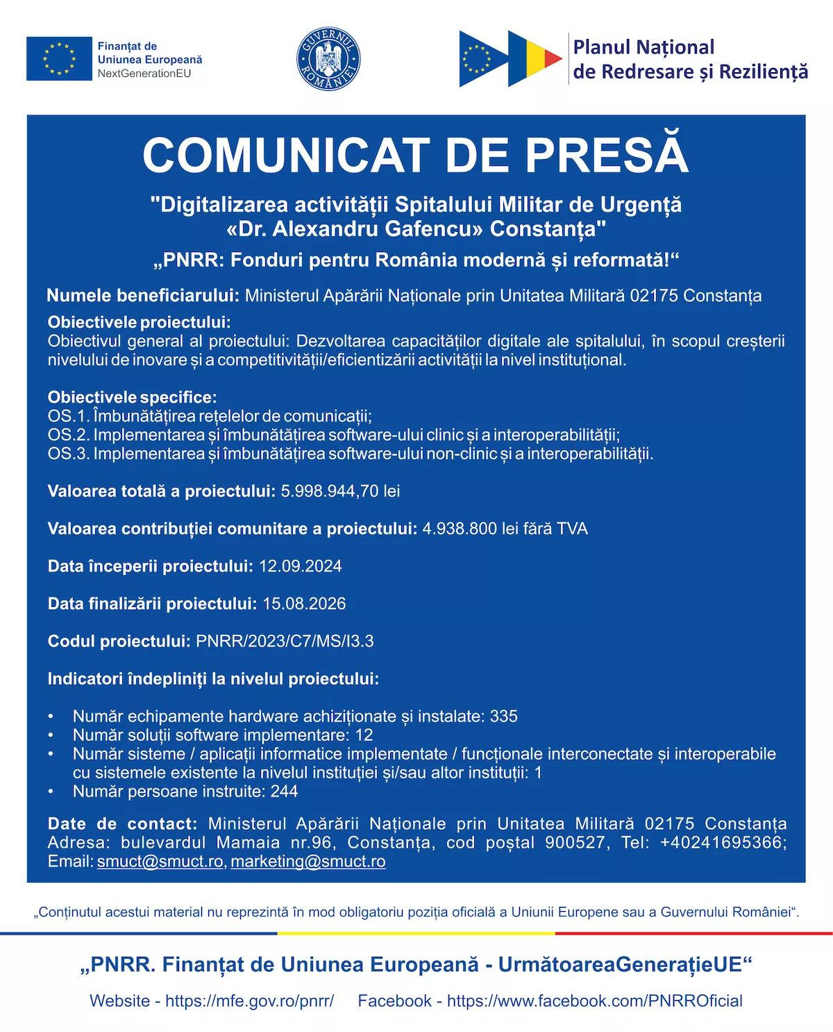 „Digitalizarea activității Spitalului Militar de Urgență «Dr. Alexandru Gafencu» Constanța”