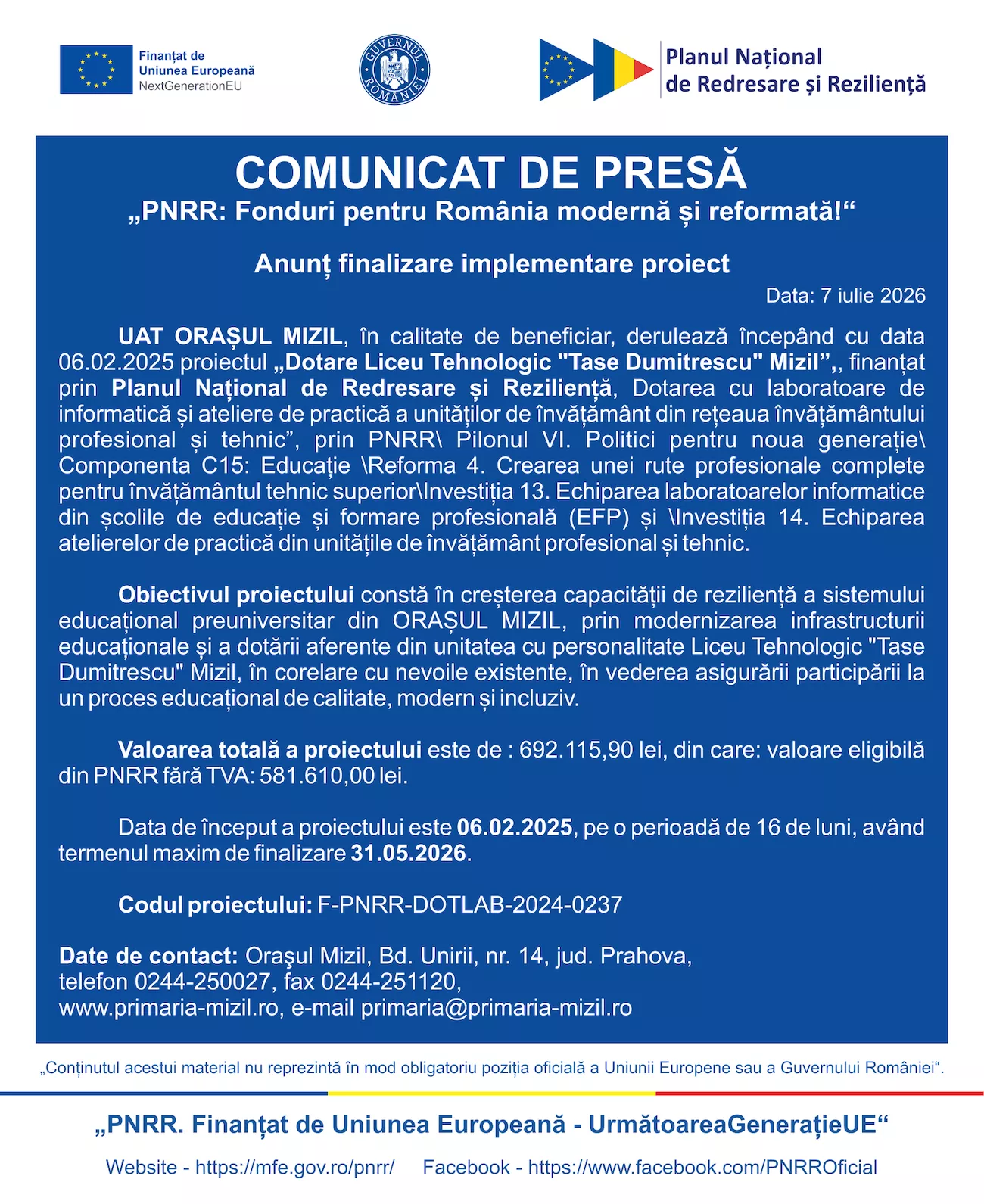 Anunț finalizare implementare proiect