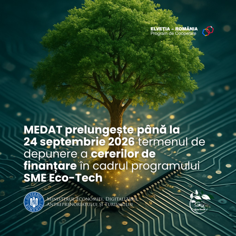 MEDAT prelungește până la 24 septembrie 2026 termenul de depunere a cererilor de finanțare în cadrul programului SME Eco-Tech