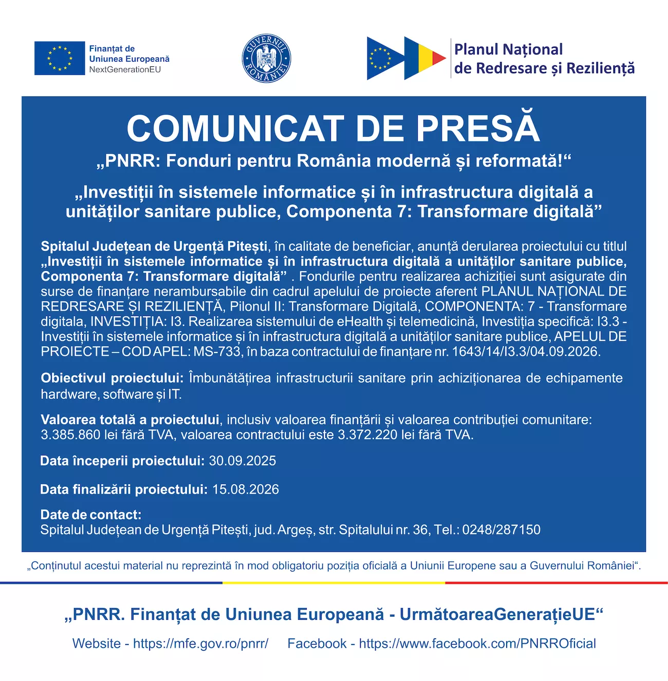 „Investiții în sistemele informatice și în infrastructura digitală a unităților sanitare publice, Componenta 7: Transformare digitală”