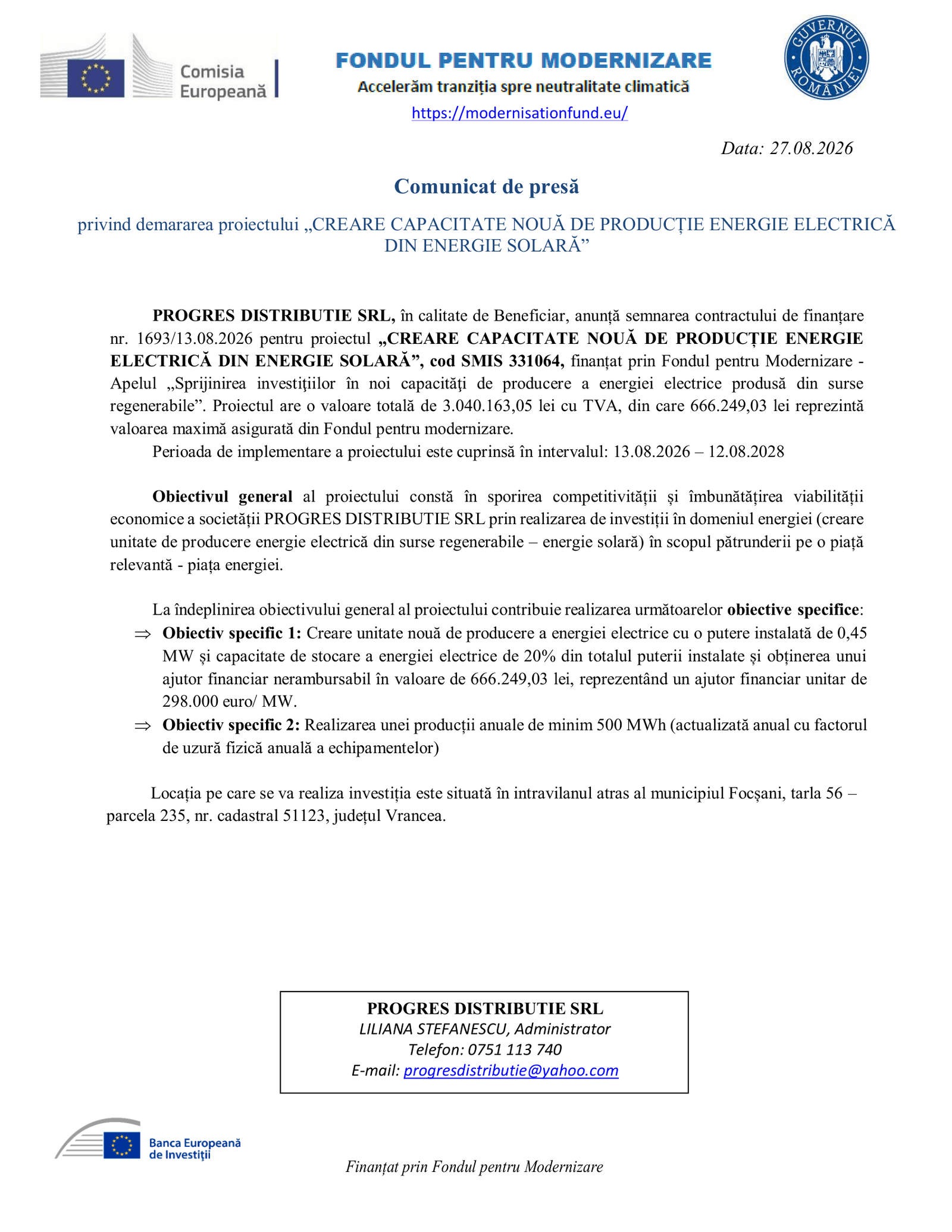 Comunicat de presă privind demararea proiectului CREARE CAPACITATE NOUĂ DE PRODUCȚIE ENERGIE ELECTRICĂ DIN ENERGIE SOLARĂ