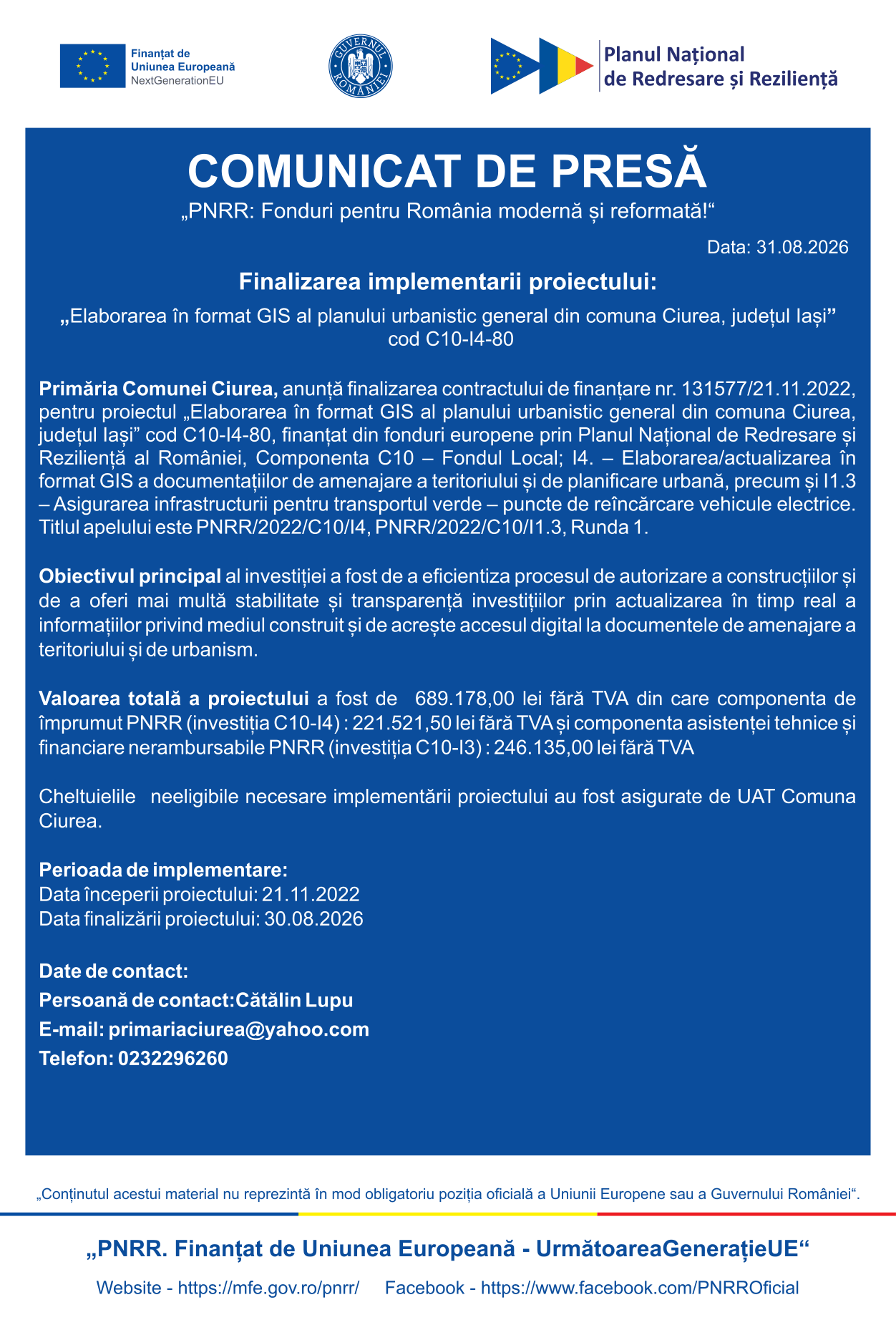 Finalizarea implementarii proiectului: „Elaborarea în format GIS al planului urbanistic general din comuna Ciurea, județul lași” cod C10-14-80 Primăria Comunei Ciurea, anunță finalizarea contractului