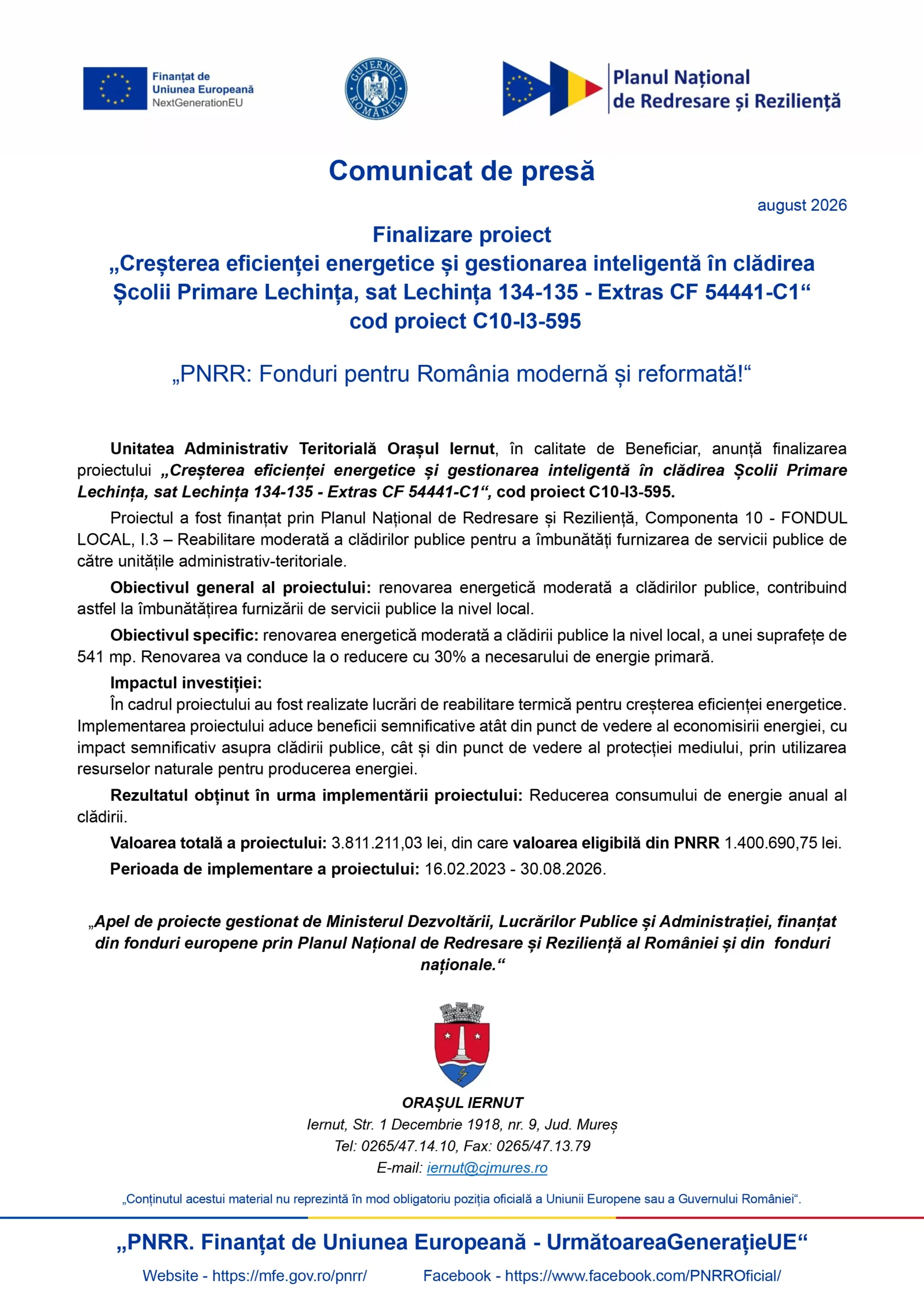 Finalizare proiect „Creșterea eficienței energetice și gestionarea inteligentă în clădirea Școlii Primare Lechința, sat Lechința 134-135 – Extras CF 54441-C1” cod proiect C10-13-595