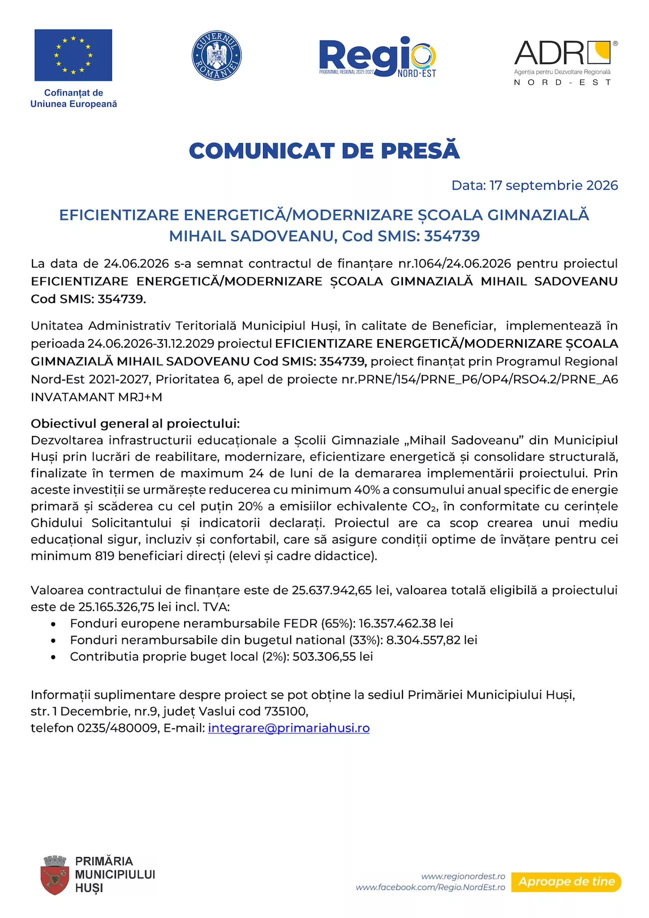 Husi_SC. GIMNAZIALA M. SADOVEANU comunicat presa_17 SEPTEMBRIE-1