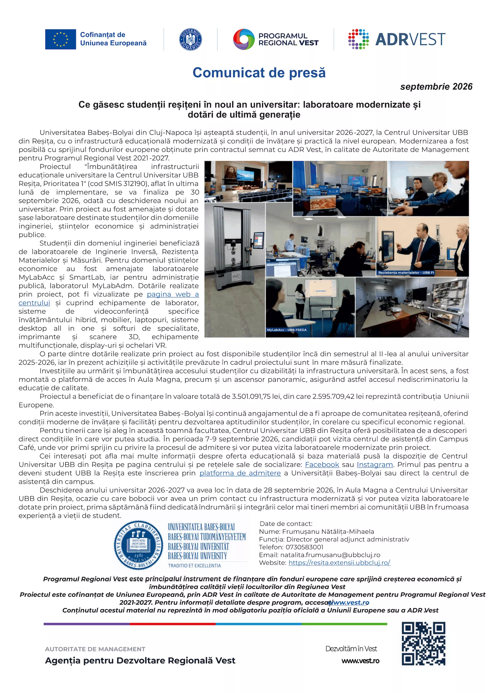 Ce găsesc studenții reșițeni în noul an universitar: laboratoare modernizate și dotări de ultimă generație