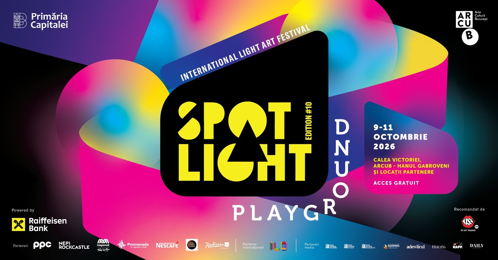 Spotlight 2026: 19 instalații, 6 clădiri emblematice transformate prin video mapping, 3 seri de artă și lumină pe Calea Victoriei